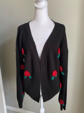Black Knit Cardigan with Red Roses Knit XL